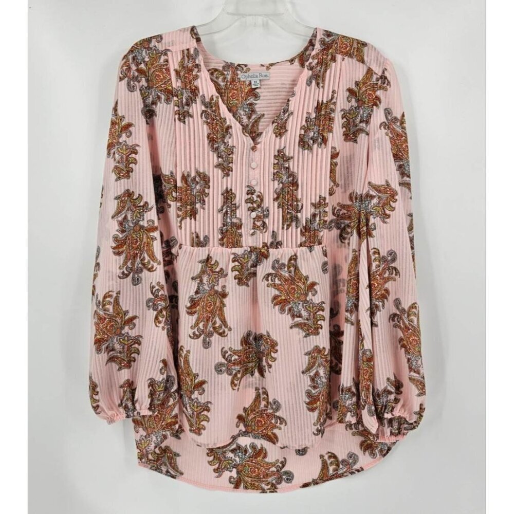 Ophelia Roe Pintuck Top Blouse Women 1X Paisley Pink Flowy Sheer Ribbed Shirt